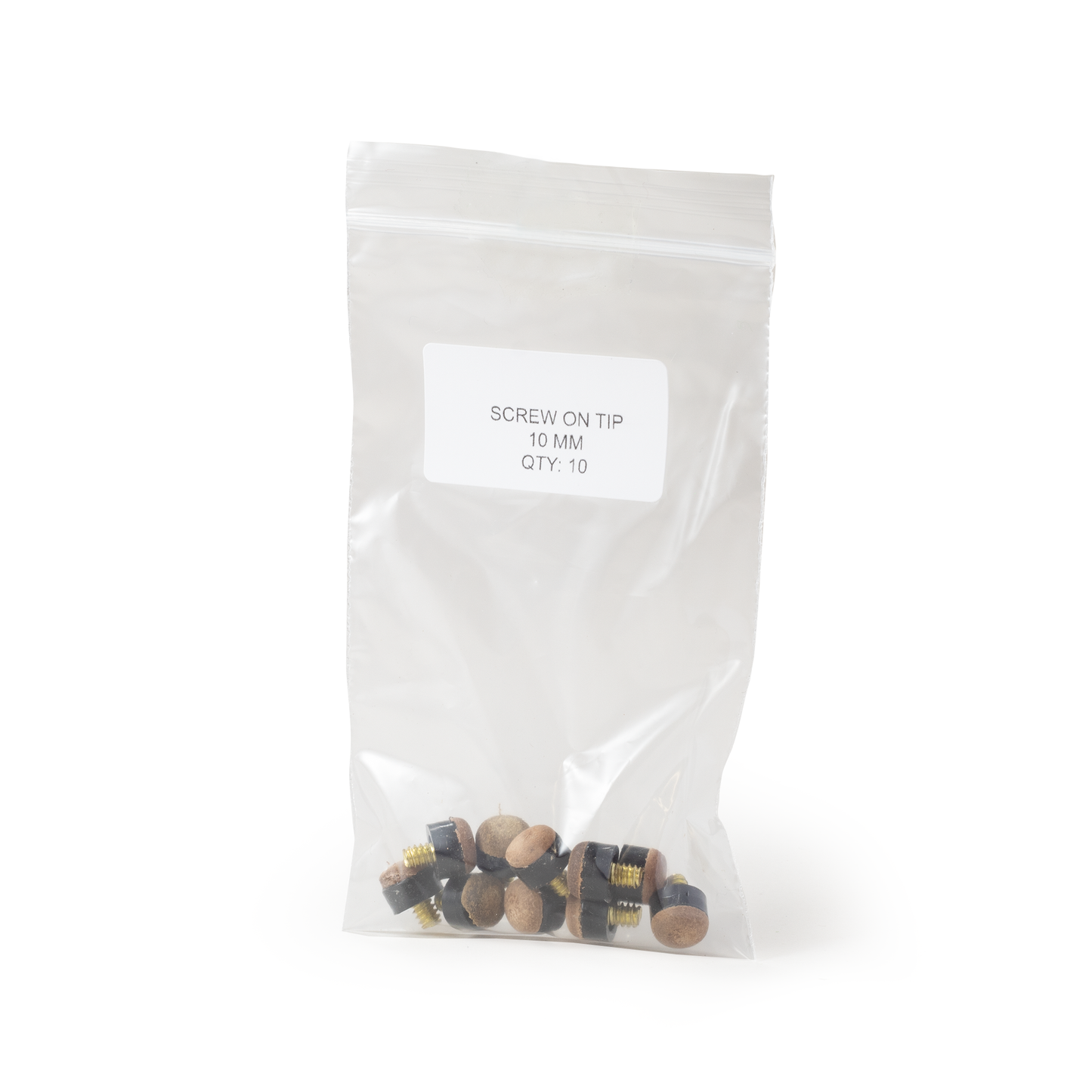 Clear plastic bag with screws labeled 'Screw on tip' on a white background