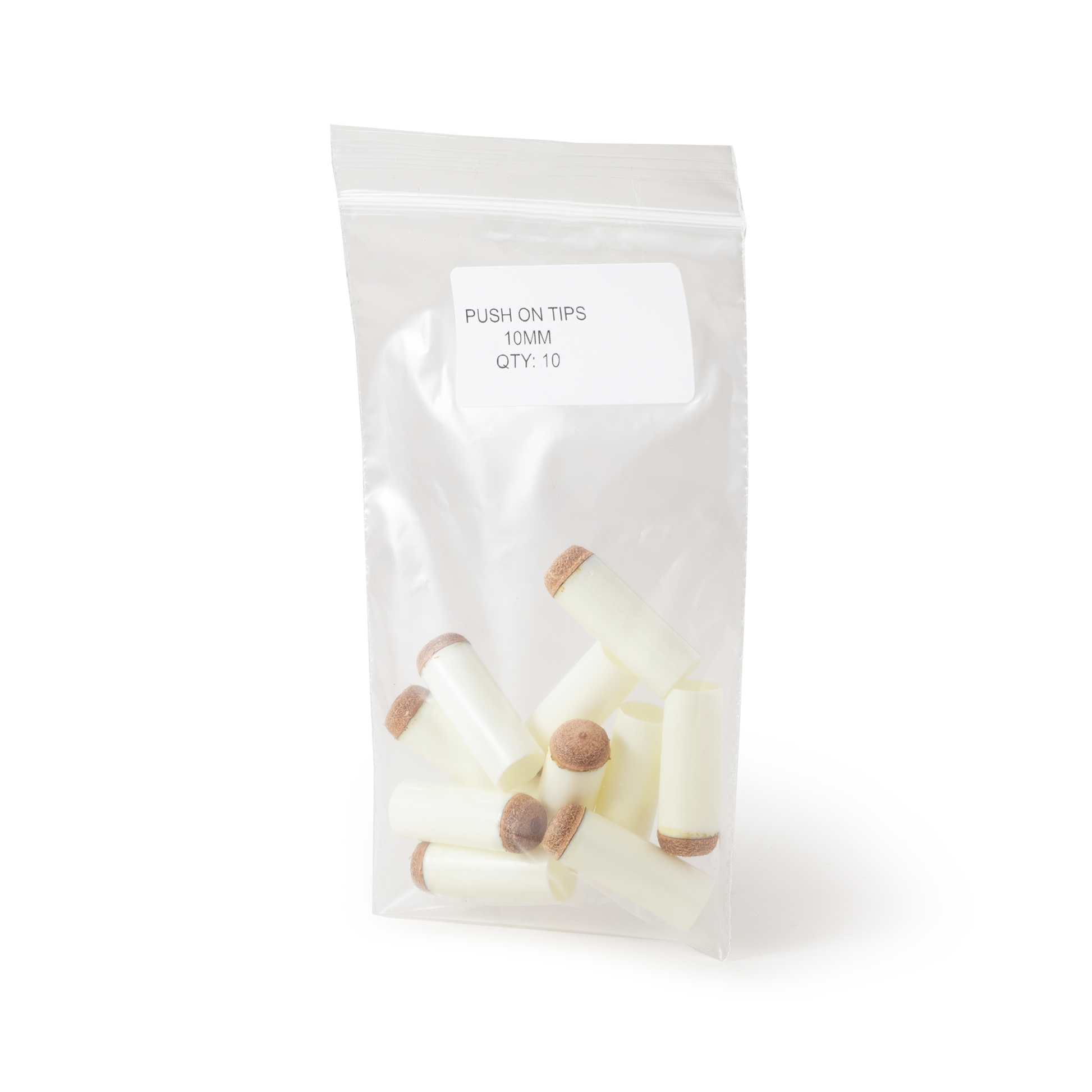 Clear plastic bag with push-on tips labeled '10MM' and 'QTY 10' on a white background