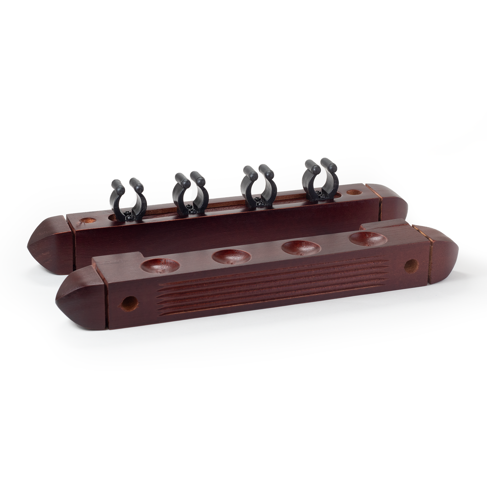 Wooden two piece cue rack with metal saddle clips on a white background