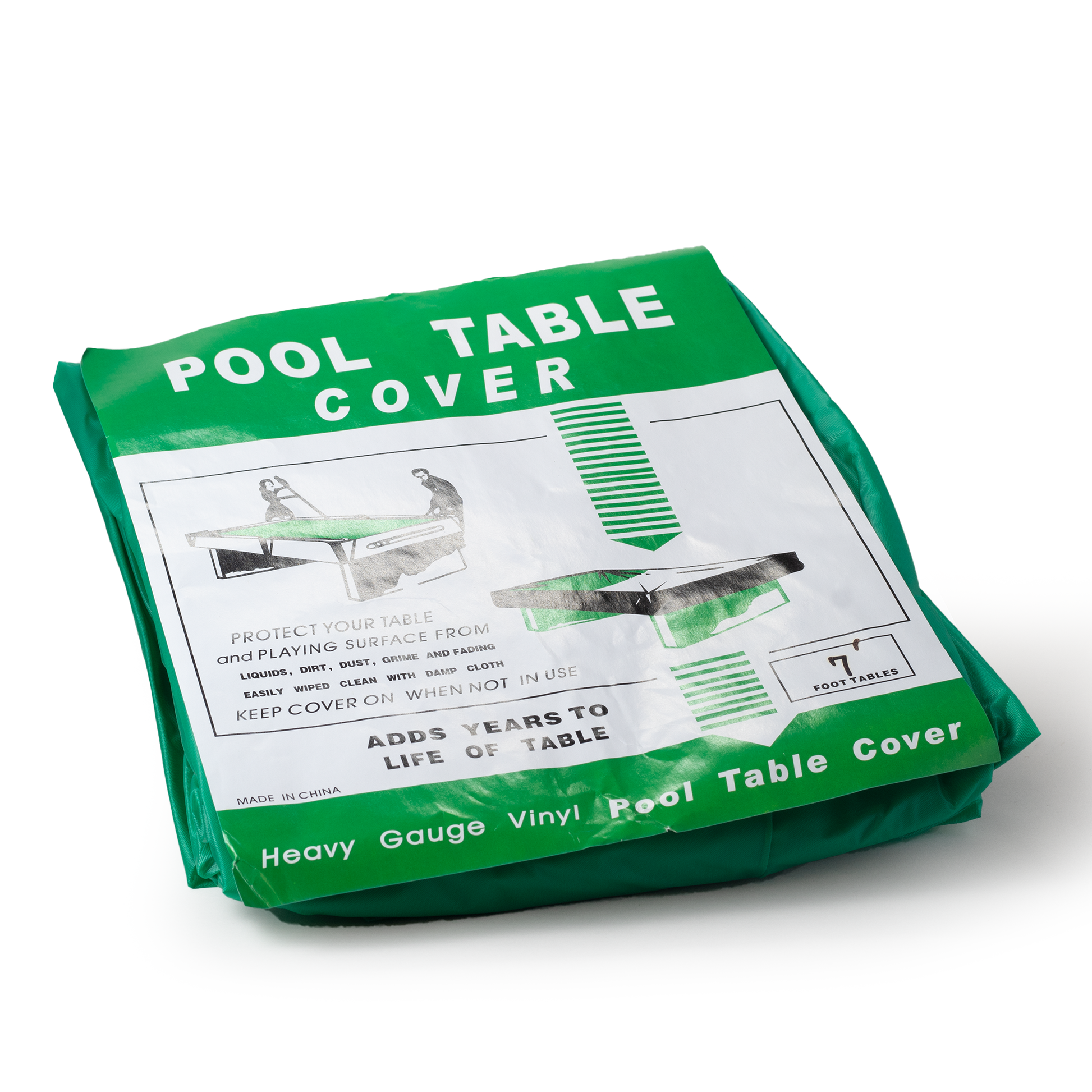 7-FT-Vinyl-Cover Folded green pool table cover with text and graphics on a white background