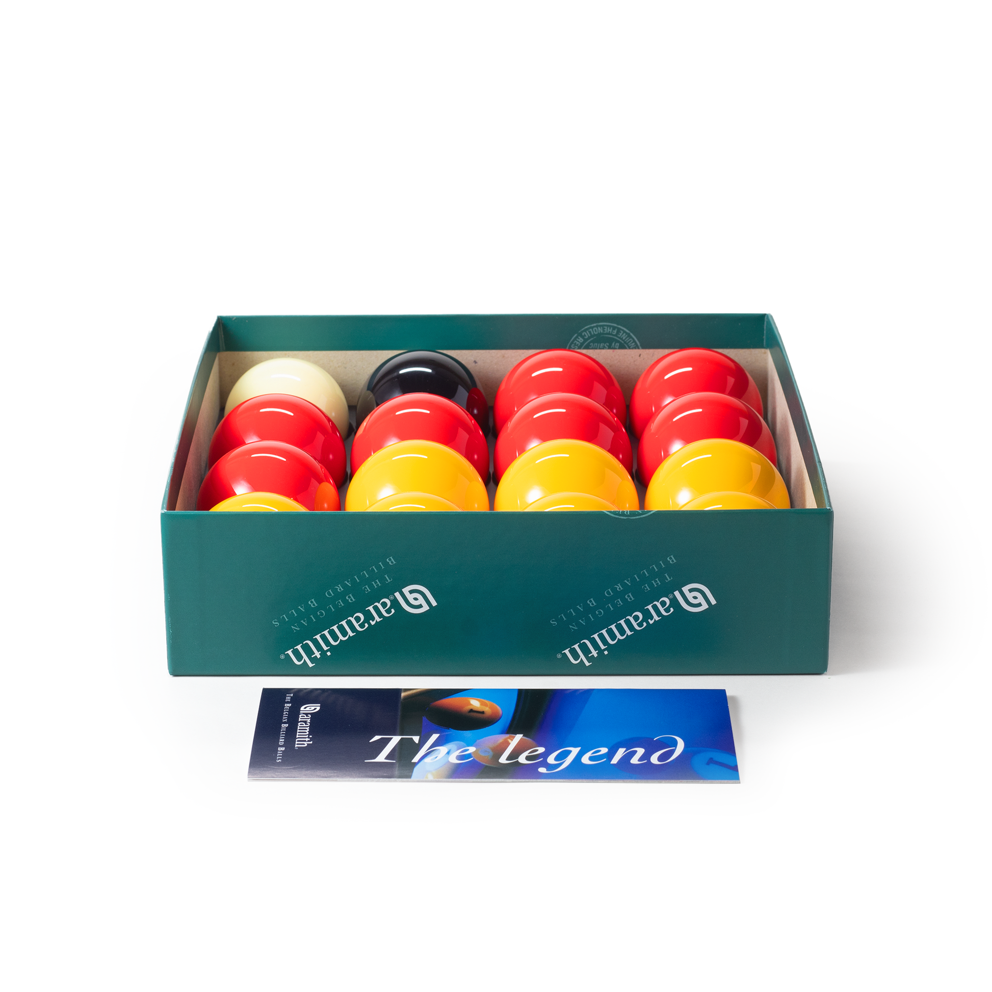 Set of pool balls in a green box with a 'The legend' card on a white background