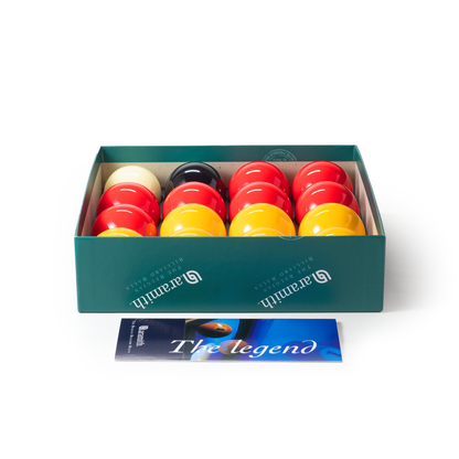 Set of pool balls in a green box with a 'The legend' card on a white background