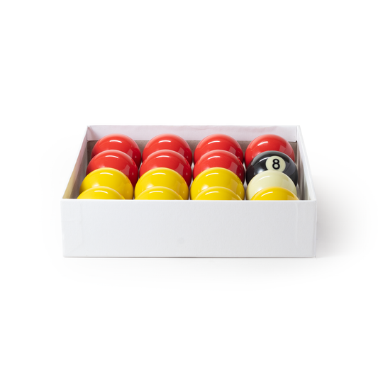 Set of pool balls red and yellow in a box on a white background