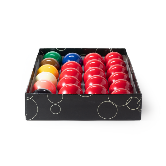 Set of snooker balls in a black box with circular patterns on a white background
