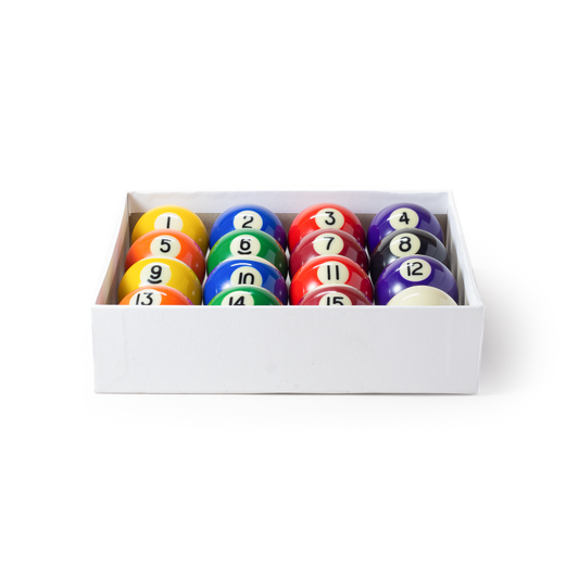 Set of colourful pool balls in a box on a white background