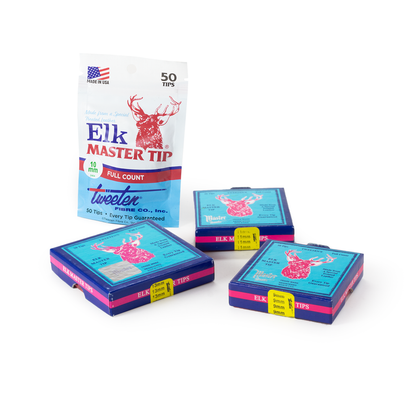 Four boxes of Elk Master Tip tweezers on a white background