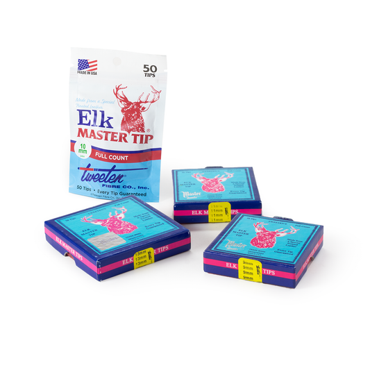 Four boxes of Elk Master Tip tweezers on a white background