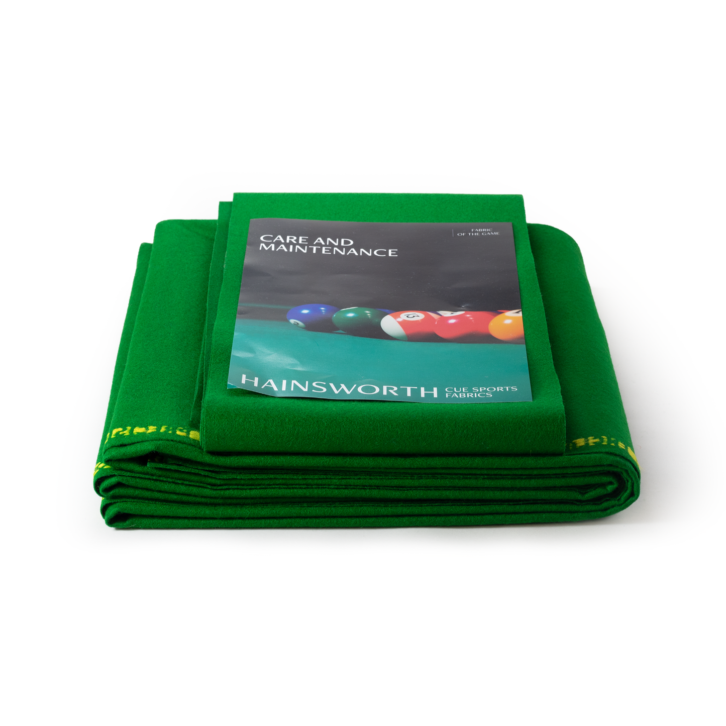 Green pool table cloth with Hainsworth care and maintenance guide on a white background