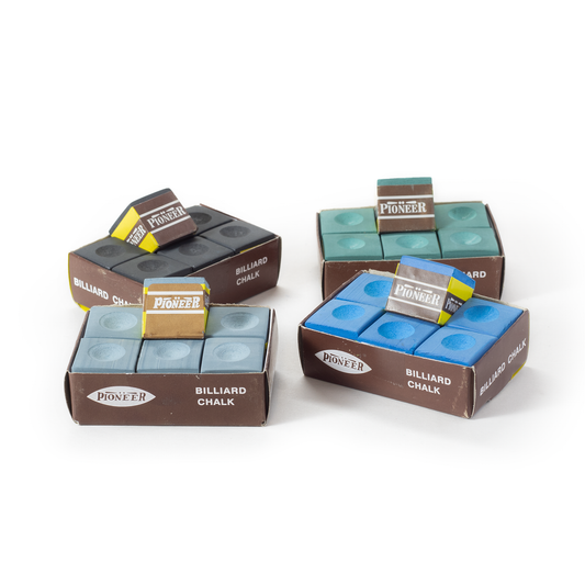 Four boxes of Pioneer billiard chalk on a white background