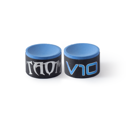 Two black and blue wristbands with 'TAOM' and 'V10' branding on a white background.